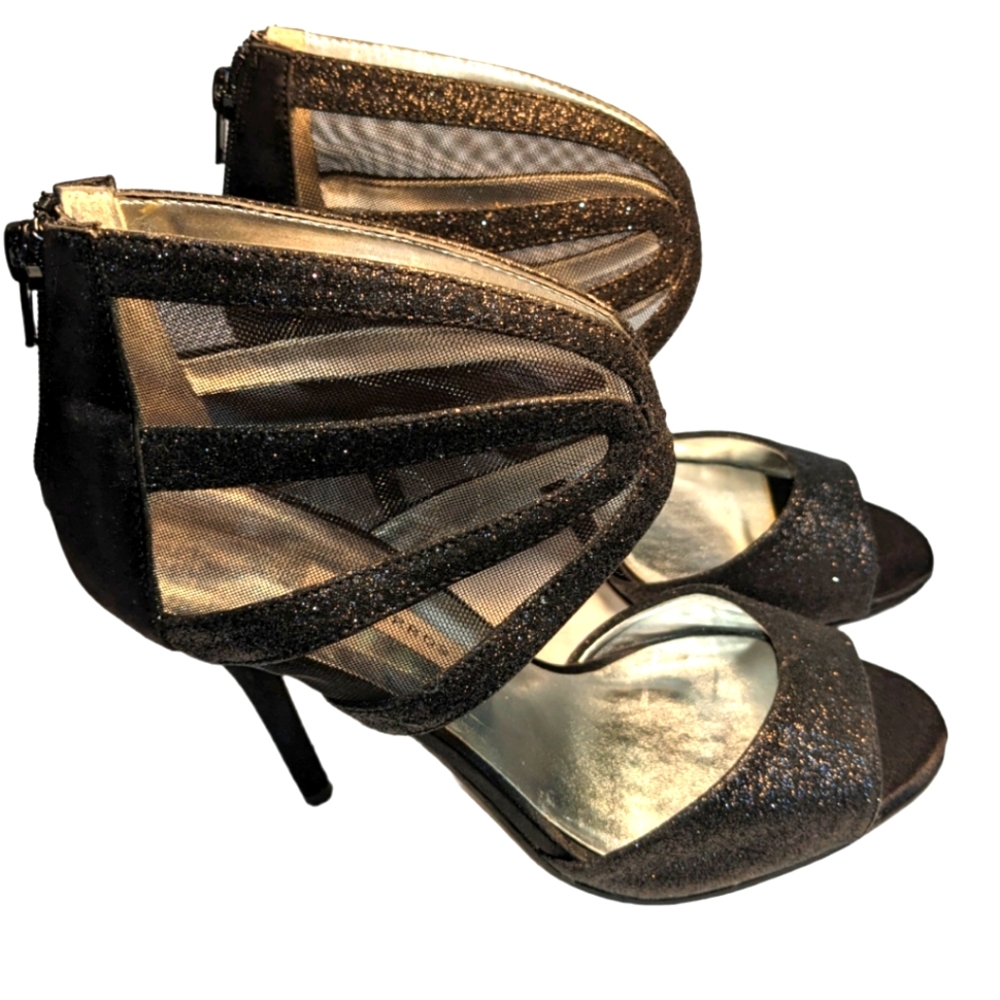 Caparros Dalton Open Toe Evening Glitter Heels sz 7.5  black